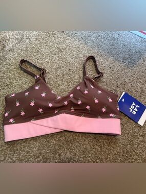 JoyLab Brown Floral Sports Bralette with Pink Band